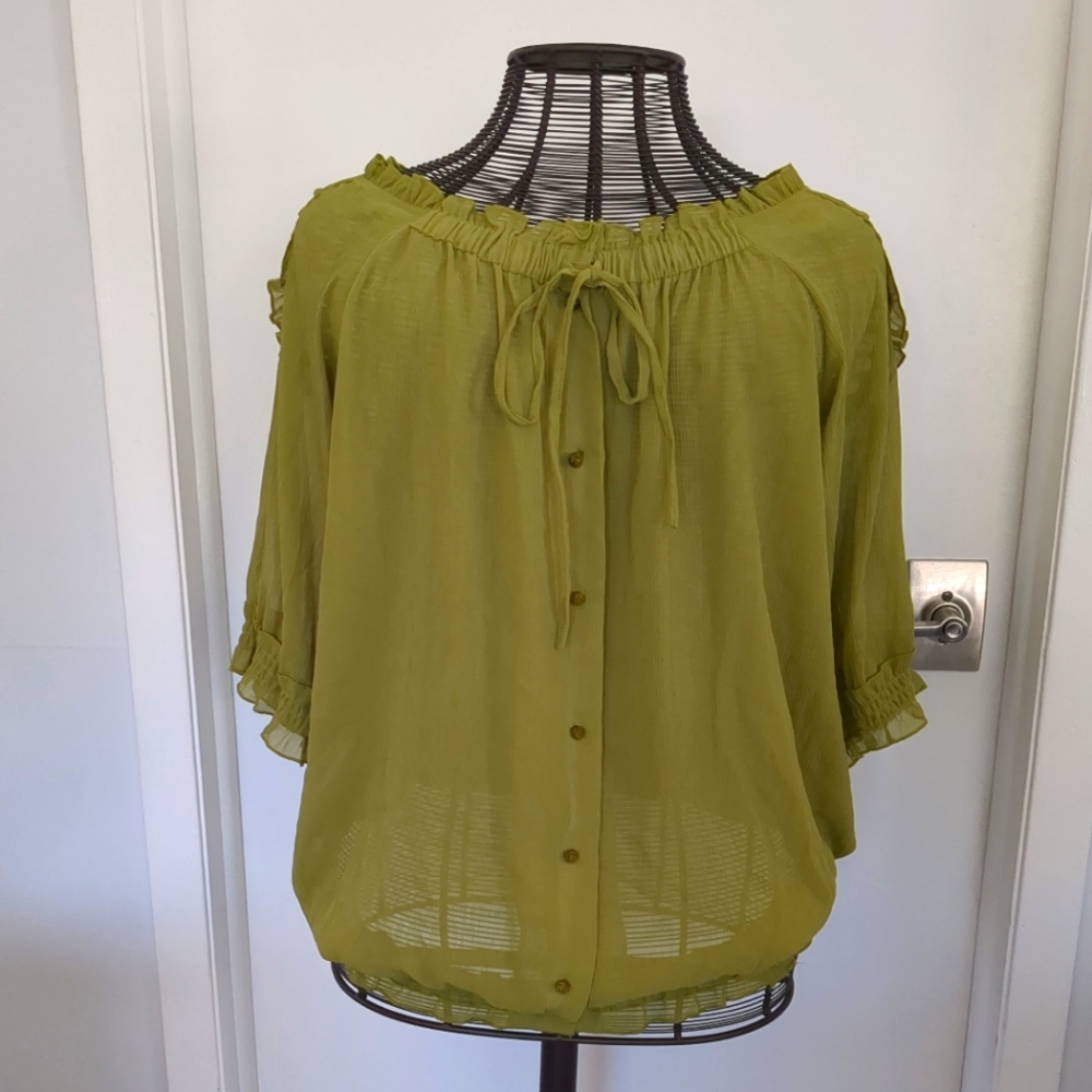 Ashley Stewart Olive Green Sheer Ruffle shoulder 3/4 sleeve button blouse SE 18